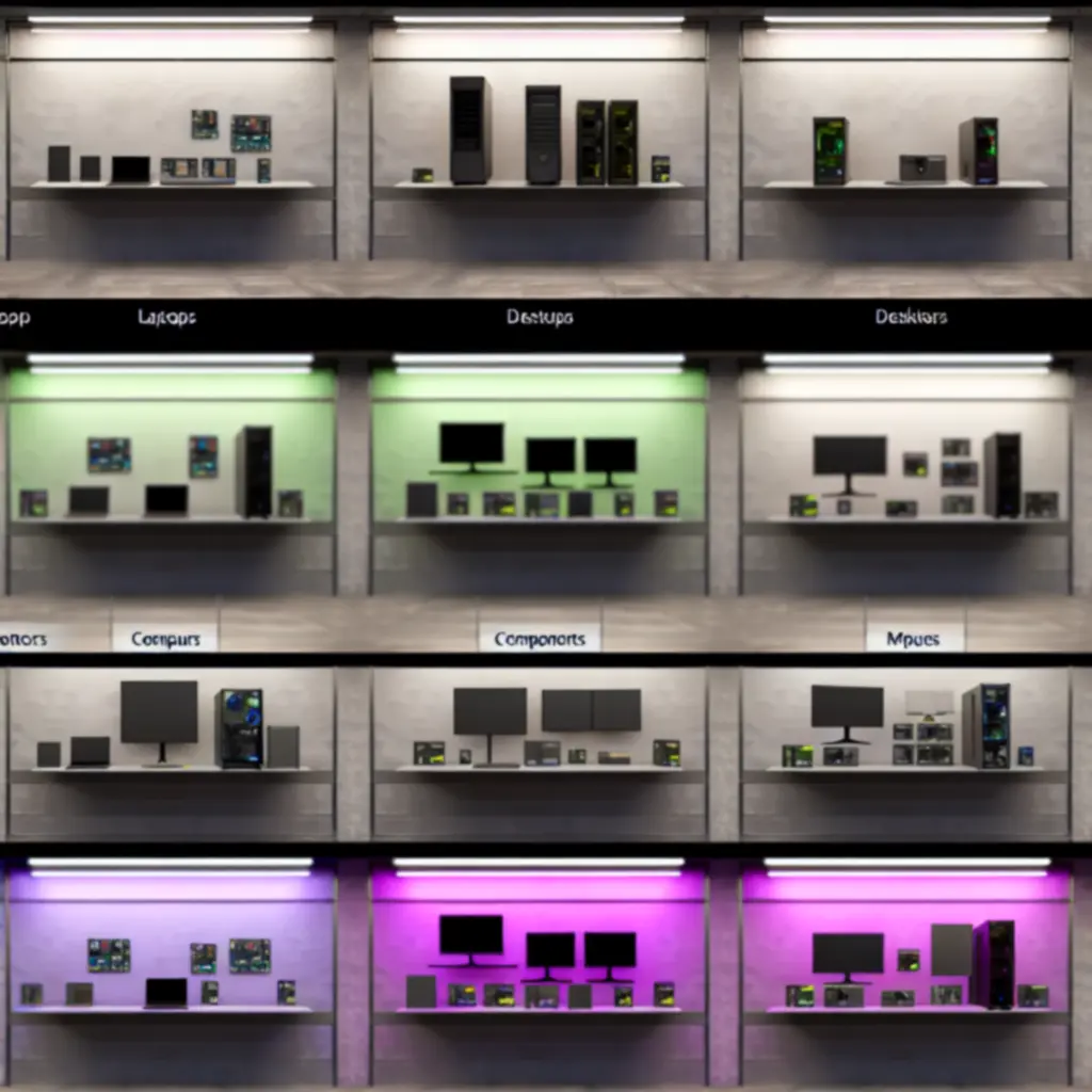 Przegląd kategorii sklepu komputerowego: laptopy, komputery stacjonarne, podzespoły i peryferia