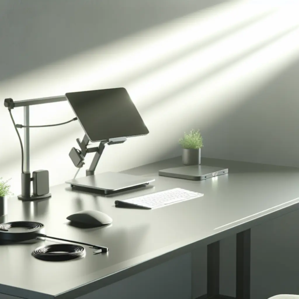 Ergonomiczne stanowisko pracy z podstawką pod laptop i uporządkowanymi kablami