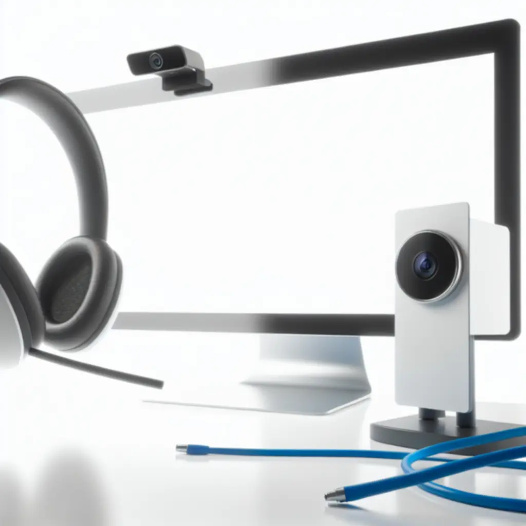 Zestaw słuchawkowy i kamera internetowa obok monitora