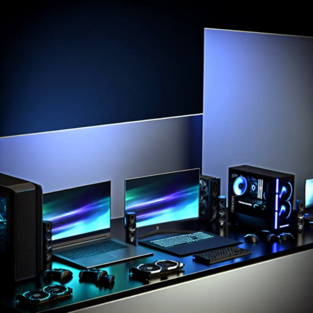 Nowoczesne komputery, laptopy i peryferia w ciemnej, technologicznej aranżacji