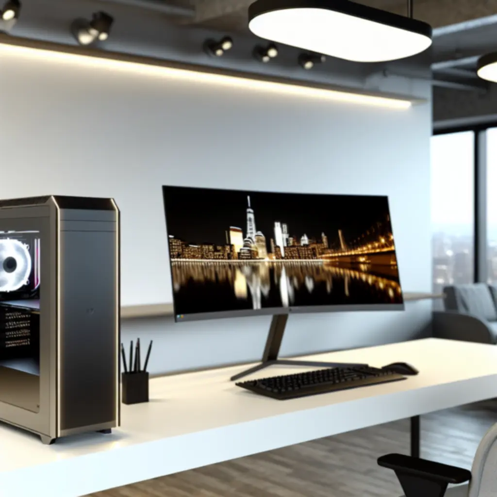 Nowoczesny komputer stacjonarny na biurku w ciemnej, eleganckiej aranżacji