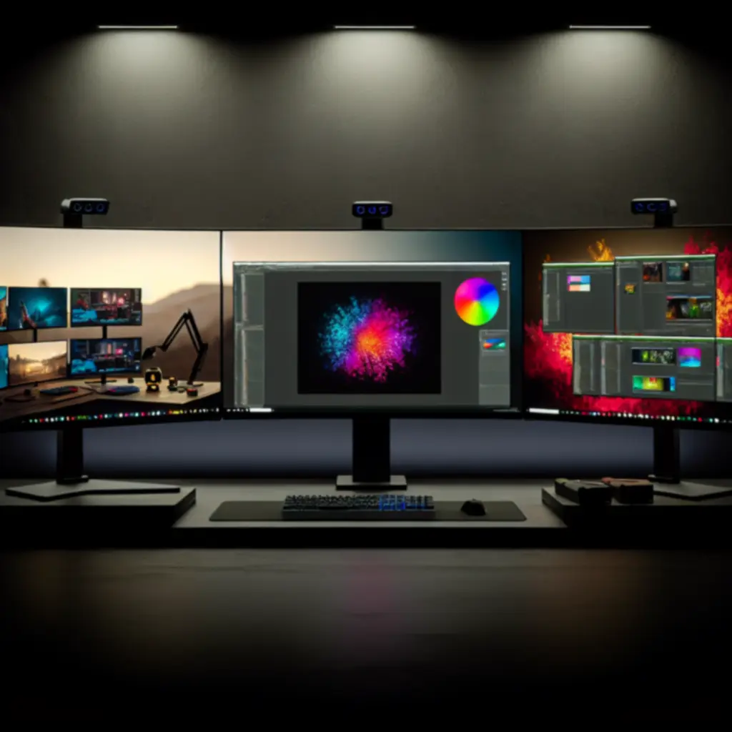 Linia nowoczesnych monitorów komputerowych w ciemnej aranżacji