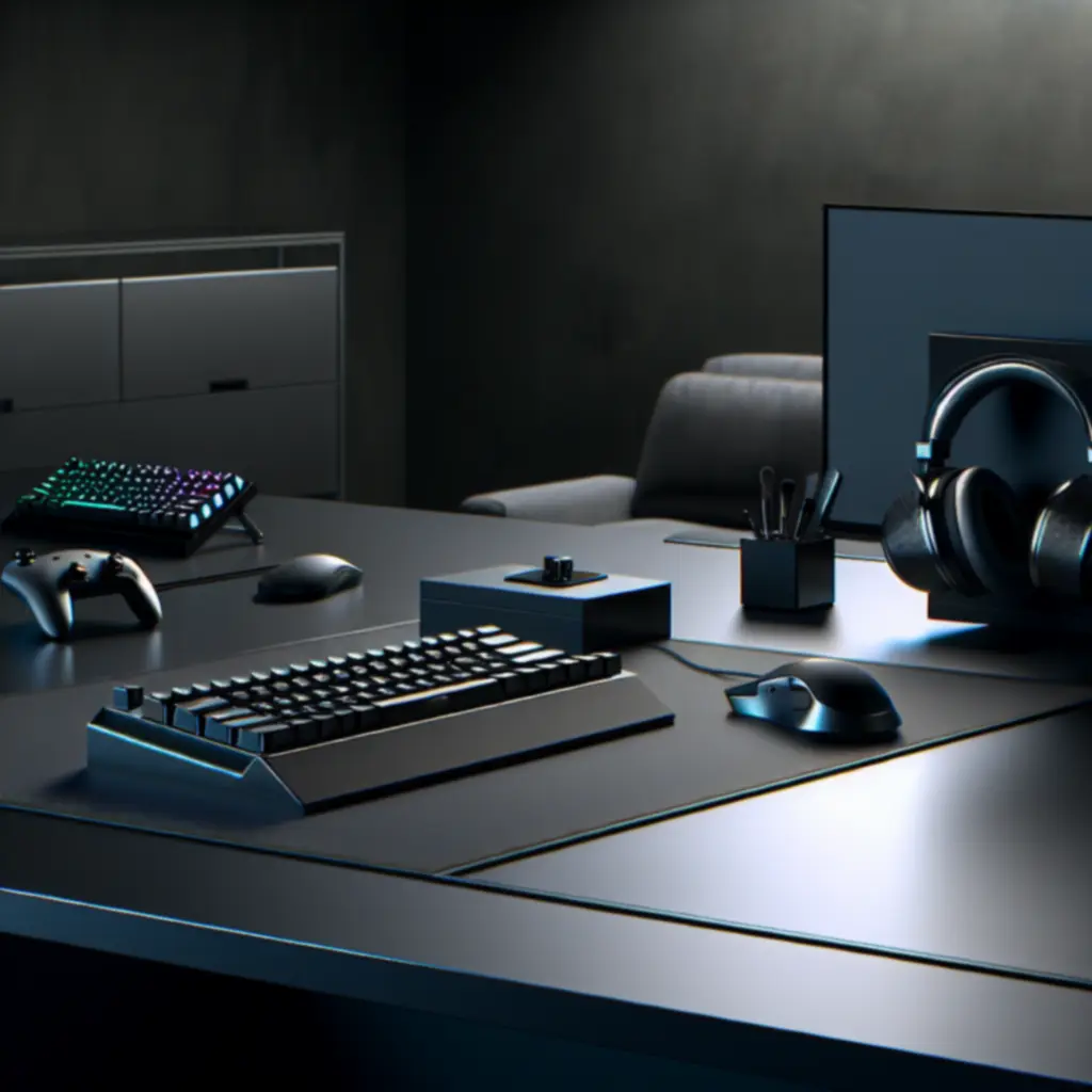 Zestaw peryferiów komputerowych: klawiatura, mysz, monitor i słuchawki na ciemnym tle