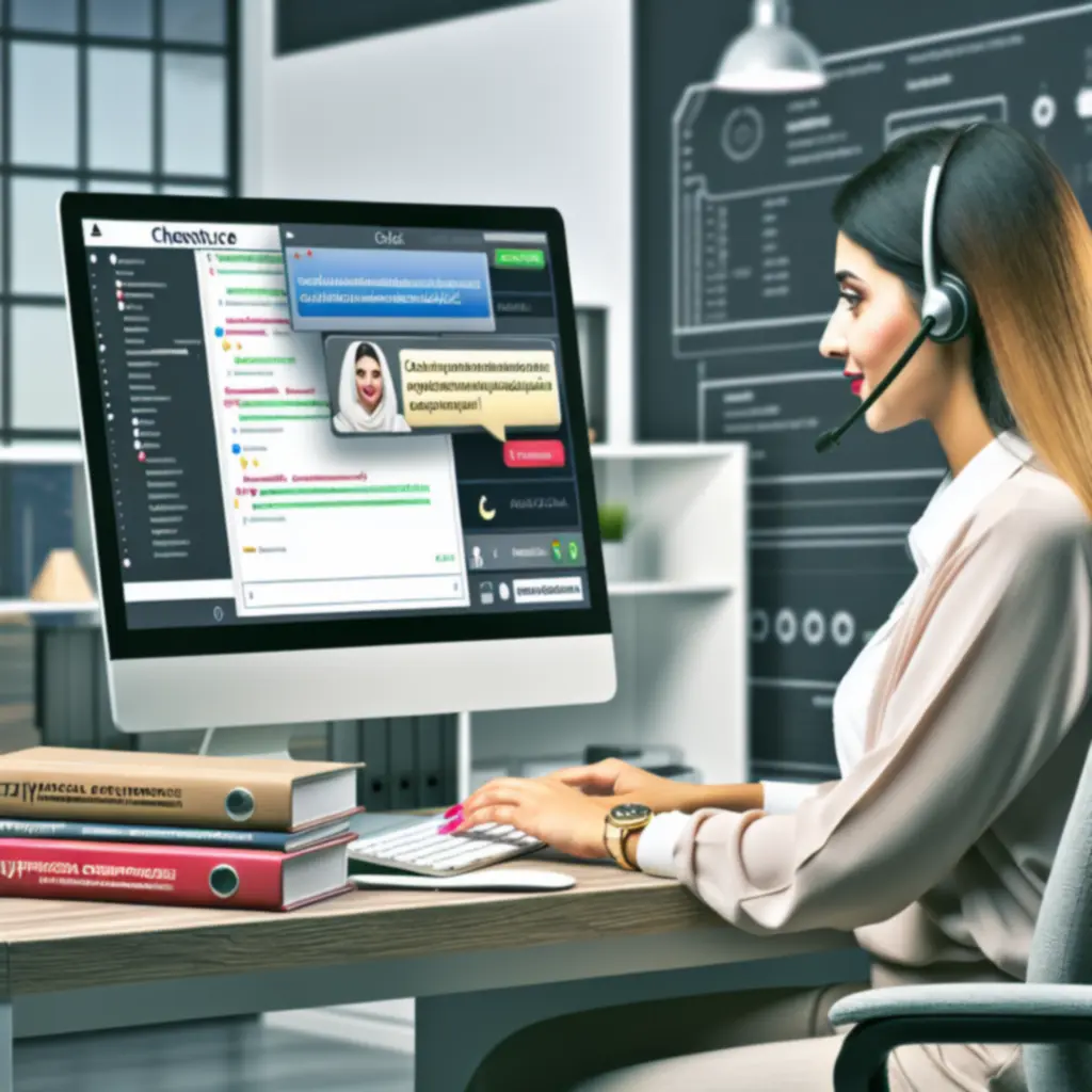 Biurko z komputerem oraz obsługą klienta prowadzącą czat na żywo